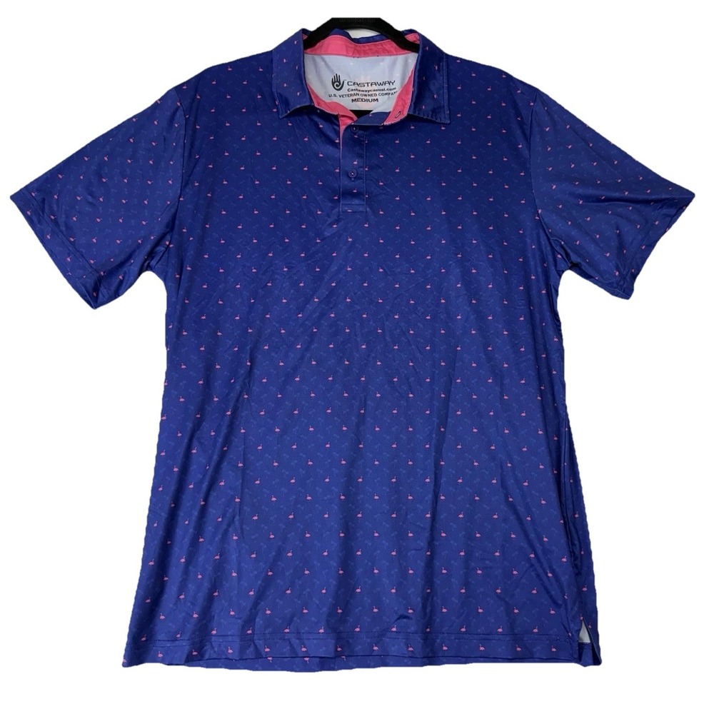 Castaway Casual Polo Shirt Mens M Pink Flamingos Blue Polo Performance Stretch